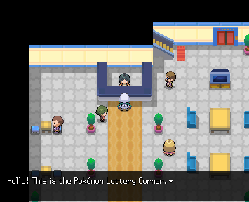 A screenshot of the player speaking to the lottery corner assistant with the dialogue appearing.