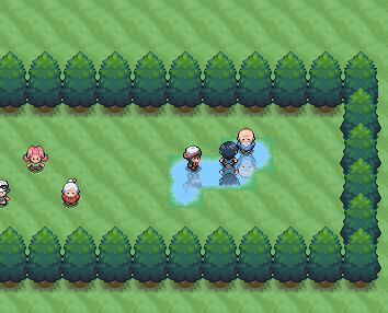 The player and two NPCs play in a puddle while having their reflections look like those in Pokemon Emerald.