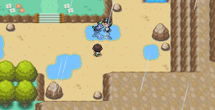 A sprite mask of an arbitrarily-shaped puddle mapped onto an in-game screenshot of the same puddle. The puddle shows reflections where the mask is white and respects the mask's alpha values.